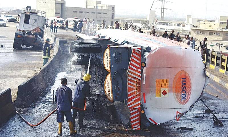 Tanker with mustard oil cargo, upturns at national highway near Ghotki