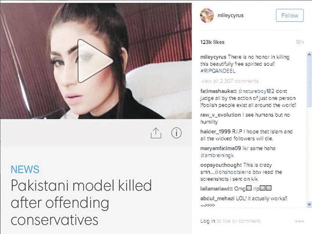 Miley Cyrus pays tribute to Qandeel Baloch